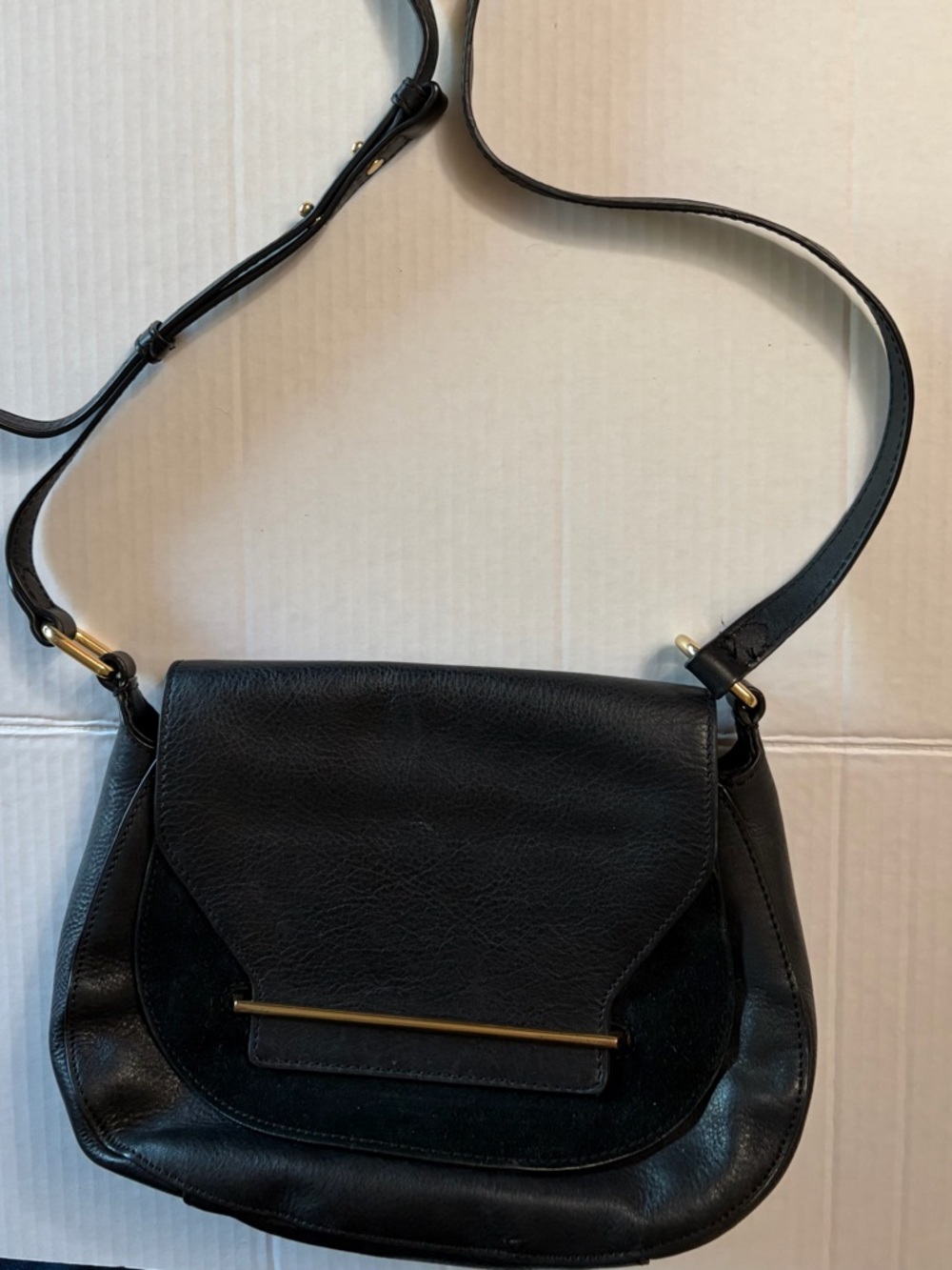 Vince Camuto Eda Black Leather‎ & Suede Foldover Crossbody Handbag Gold Hardware